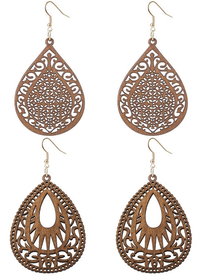 Wovanoo Wooden Hoop Earrings for Women 2 Pairs Natural Wooden Teardrop Earrings Lightweight Drop Dangle Earring Brown - Image 1